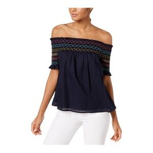 Trina Turk Smocked Embroidered Off the Shoulder Blouse